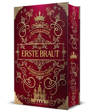 Das Cover zeigt mittig den Titel des Buches. Oberhalb des Titels steht der Name der Autorin, darüber befindet sich eine goldene Krone. In den Ecken sind goldene Schnallen abgebildet und im unteren Viertel ist ein goldenes Schloss zu sehen. Die Grundfarbe ist Rot. Der Farbschnitt ist rot mit goldenen Verzierungen darauf.